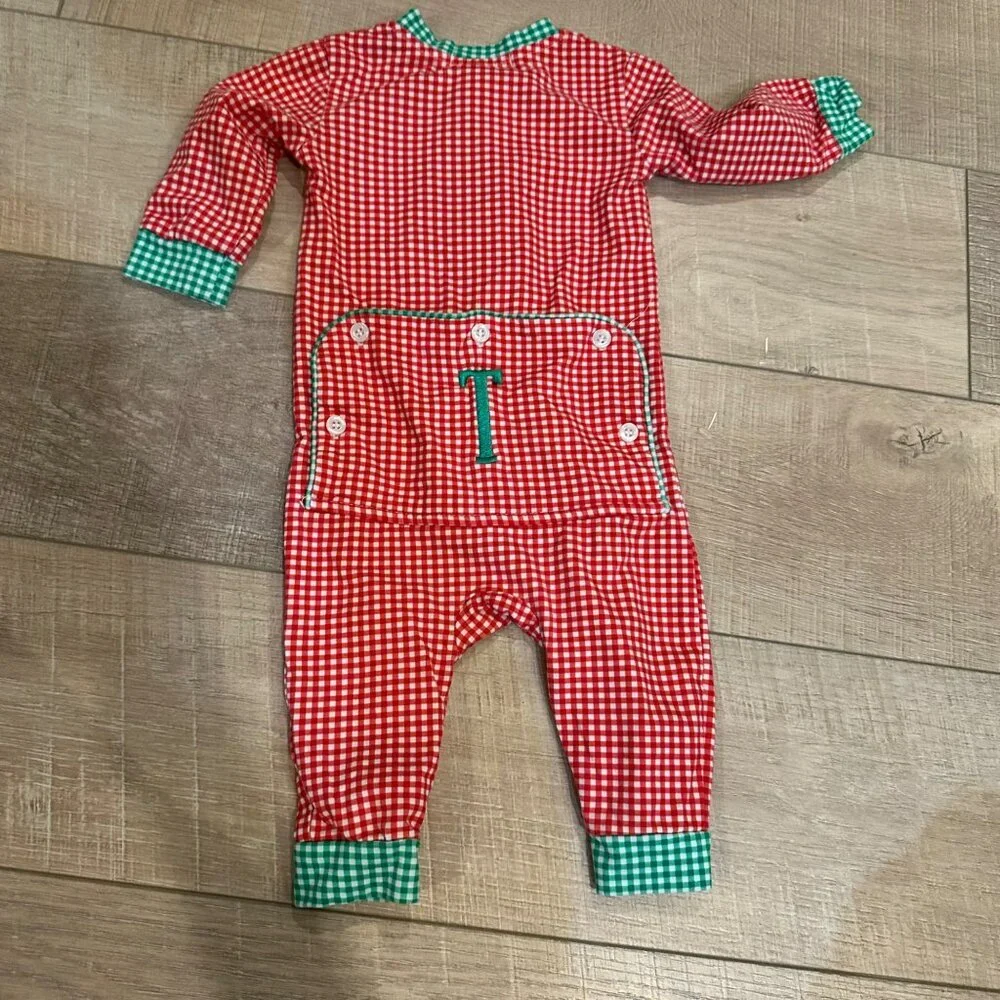 CECIL AND LOU 6 MONTH RED AND GREEN CHRISTMAS SLEEPER ONE PIECE MONOGRAMED T